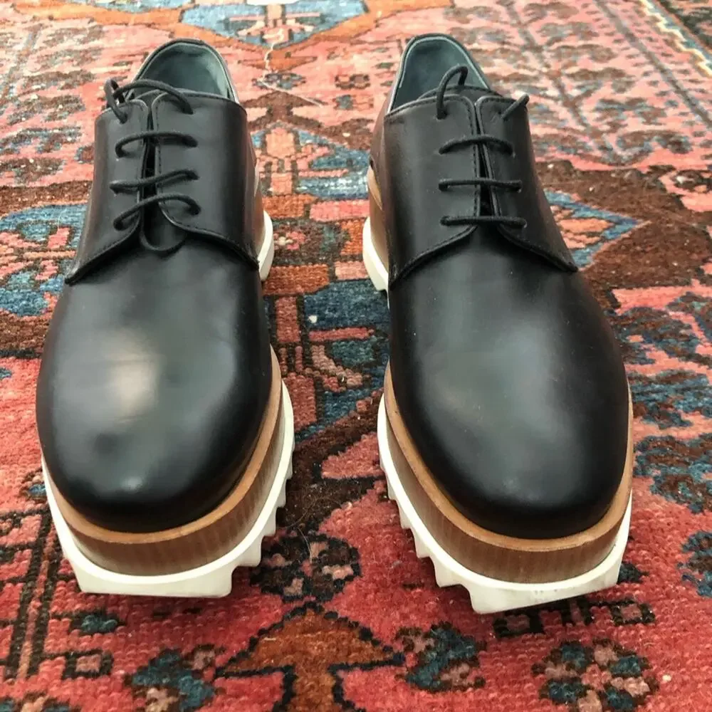 JIL SANDER Black Leather Wooden Platform Derbys Flats Shoes Size 36